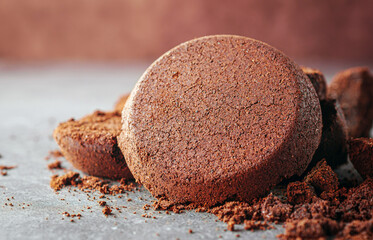 Close-up of coffee grounds from espresso machine. coffee ground on gray background