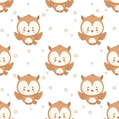 Seamless Pattern. Cute Flying Owl Bird with Stars
 