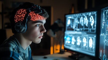 A person using braincomputer interface technology, controlling a device with thoughts