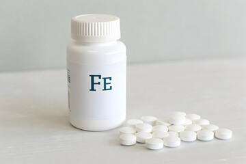 White Plastic Bottle of Iron Supplements, Medical Nutrition Against Fatigue on Clean Background
