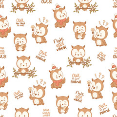 Seamless Pattern. Cute Owl Character