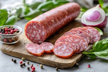 Slicing delicious salami on wooden board with fresh ingredients culinary scene modern kitchen top view food preparation