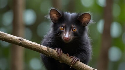 Fototapeta premium Close-up of a black, small mammal clinging to a branch. The animal has large ears, expressive eyes, and a pointed nose. Natural habitat