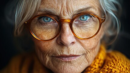 Elderly woman close-up portrait, glasses, wrinkles, aging skin, suitable for cosmetology, skincare, aging themes.