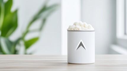 White container with fluffy, light-colored powder