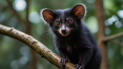 Small black mammal on branch