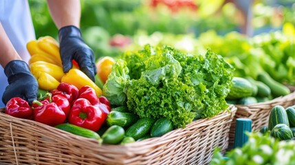Fototapeta premium A vibrant display of fresh vegetables, including peppers, lettuce, and cucumbers, in woven baskets at a market, highlighting healthy eating and local produce, sustainable living lifestyle.