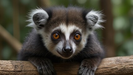 Fototapeta premium Close-up of a lemur resting on a branch. A young lemur with striking white, gray, and dark-brown fur. Large, vibrant orange eyes, a
