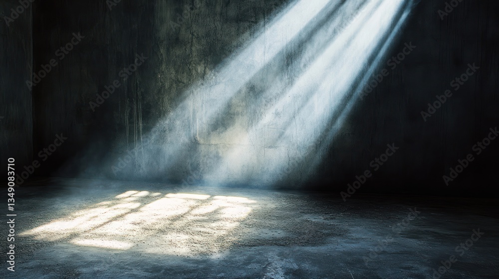 Poster Light beams illuminate a dark, grungy room with a concrete floor and walls.