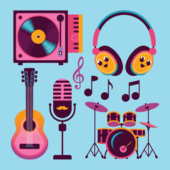 2d vector illustration icon cool entertainment cartoon character  music tools (Drum , Music Note , Headphones ,Microphone , Piano , Guitar ,Record) 
