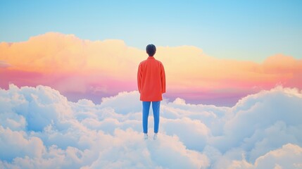 Contemplative individual gazing at colorful clouds dreamlike landscape digital art serene environment elevated perspective