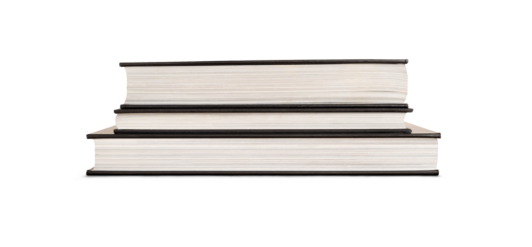 A front view of a pile of three hardback books with a black covers isolated against a transparent background.
