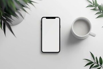 Smartphone Mockup on White Desk with Coffee and Potted Plant