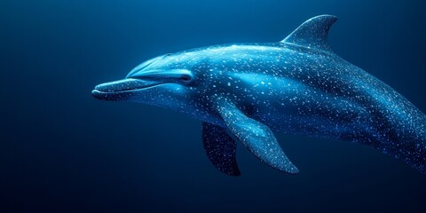 Naklejka premium Graceful Blue Dolphin Glides Through Deep Ocean, Stunning Underwater Wildlife Portrait