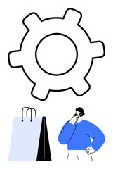 Gear illustrating solution or system, shopping bag symbolizing consumer activity, thoughtful man representing ideas. Ideal for innovation, retail, decision-making, productivity, systems, marketing
