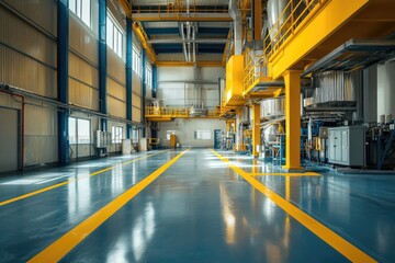 Fototapeta premium Industrial Factory Interior with Yellow and Blue Accents
