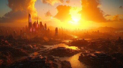 Fototapeta premium Futuristic Cityscape at Sunset: A Cyberpunk Metropolis