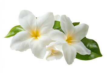 Naklejka premium Blooming White Plumeria Flowers with Green Leaves Isolated on White Background