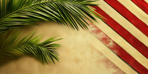 Watercolor Composition of the Christian religious holiday Palm Sunday in the USA. Palm branches on the background of the US flag.