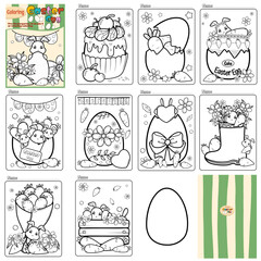 Easter egg and cute bunny coloring book set with vibrant front and back covers, isolated on a white background.