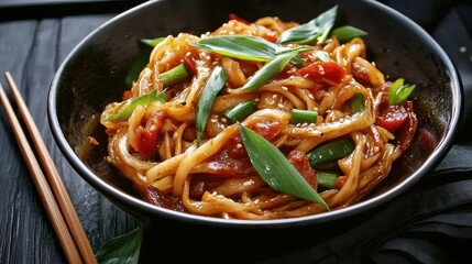 Delicious noodles served in a bowl restaurant kitchen food photography indoor close-up culinary art