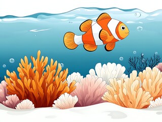 Clownfish swimming coral reef ocean.