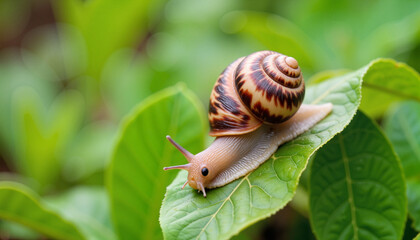 Detailed close-up of a garden snail on leaf, nature's tranquility