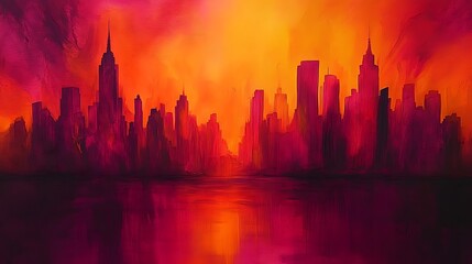 Fototapeta premium Fiery sunset cityscape painting.