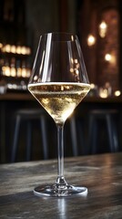 Obraz premium Sparkling Wine Glass on Wooden Table in Bar Setting