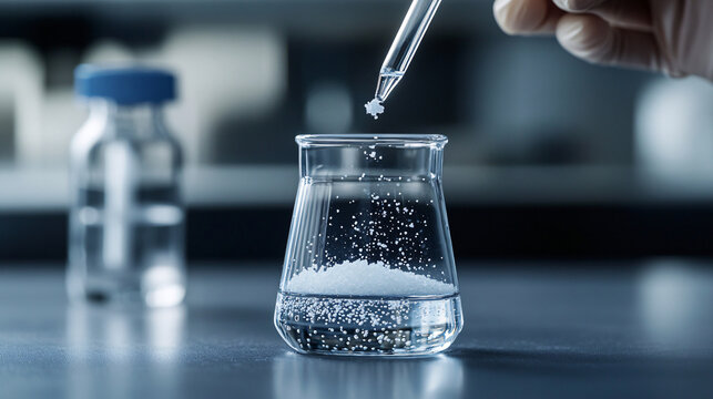 close up of neutralization reaction forming salt, with pipette adding liquid to beaker containing white crystals. laboratory setting is blurred in background