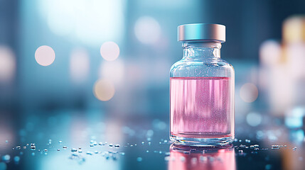 small glass vial filled with pink liquid sits on reflective surface, surrounded by scattered droplets. background is softly blurred, creating serene and scientific atmosphere