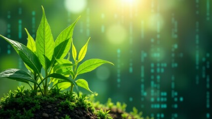 Green Plant Growing With Binary Code