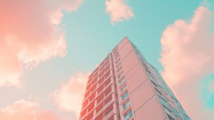 Fototapeta premium Low angle view of a tall residential building against a pastel sky with fluffy clouds at sunset.