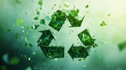 Eco-friendly concept of recycling symbol with green leaves exploding particles