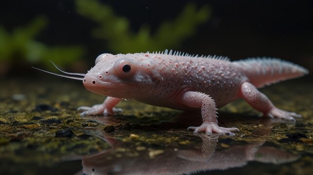 Pale pink lizard in close-up.  Small, light-colored reptile, possibly albino or leucistic.  Focus on details of the creature's scales, eyes, and slender body.  Reflects in the water below