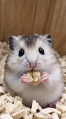 Fototapeta premium Cute hamster eating nut in wooden cage