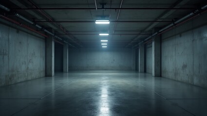 <updated_prompt> A vast, dimly lit basement room situated on the bottom floor of the parking lot, enveloped in an industrial cast concrete style, with exposed pipes and ductwork, and a matte, rough-he