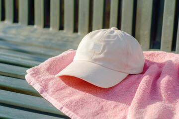 White Baseball Cap on Pink Towel