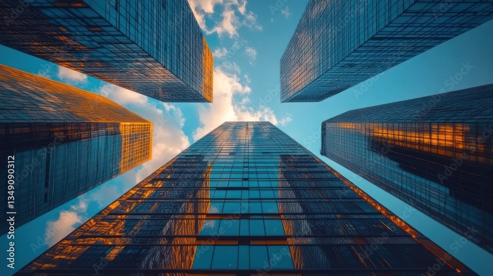 Poster low angle view of skyscrapers reaching for a partly cloudy sky.
