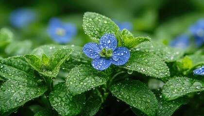 Dew-kissed blue flower with vibrant green leaves. Perfect for nature, spring, or freshness themes.