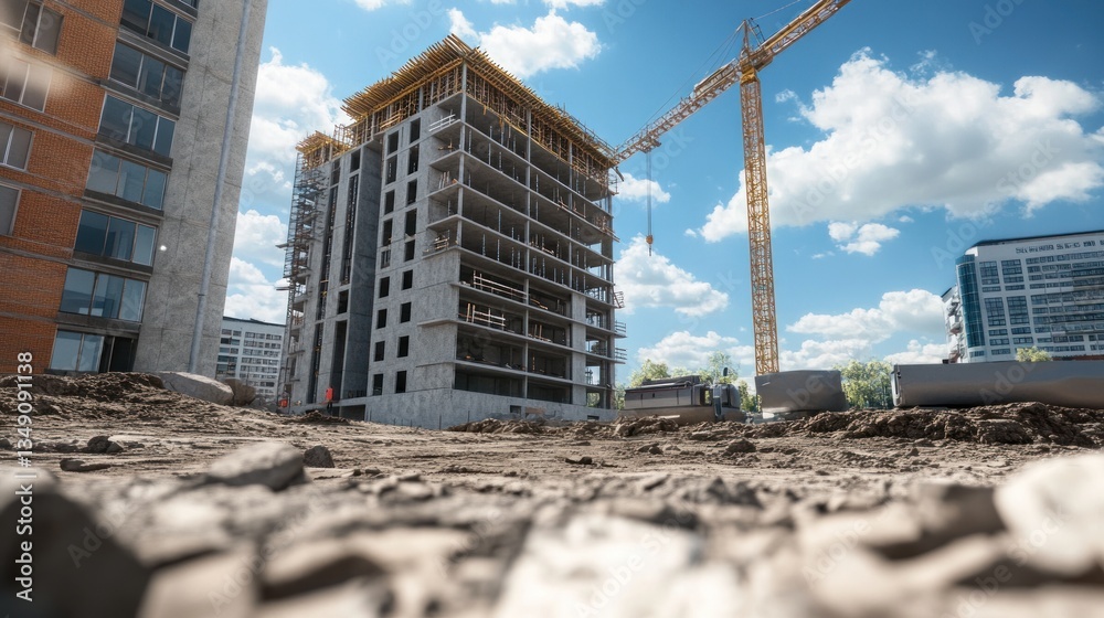 Aufkleber low-angle view of a modern apartment building under construction, with a crane and other constructio