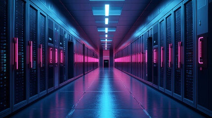futuristic, neon lit data center hallway with glowing pink and blue lights creates high tech atmosphere. Rows of servers line corridor, emphasizing advanced technology