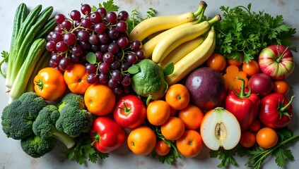 Vibrant Assortment of Fruits and Vegetables on White Surface