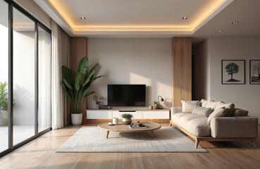 Modern interior living room with sofa, TV, big plant. Empty apartment during home renovation. New house construction, design, real estate. Interior decor. Wooden furniture.