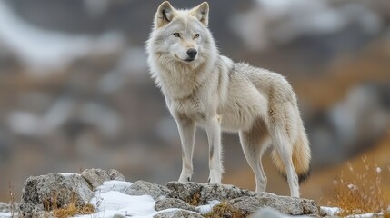 Obraz premium Majestic arctic wolf stands on rocks, snowy landscape. Perfect for wildlife, nature, and winter themes.