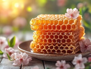 Golden honeycombs stacked on plate, adorned with blossoms. Illustrates natural sweetness, purity, and health benefits.