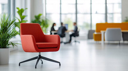 Comfortable Orange Armchair in a Modern Office Space with People Meeting in the Background