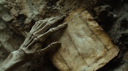 Close-up of a skeletal hand clutching an old map, partially buried in cave dust.