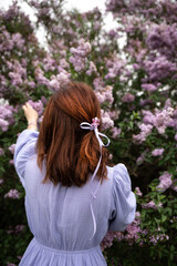 Naklejka premium A young woman plucks flowers from a huge lilac bush while standing with her back to the camera.