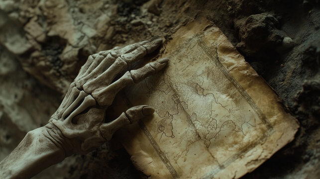 Close-up of a skeletal hand clutching an old map, partially buried in cave dust.